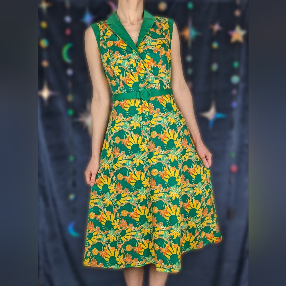 Collectif Bright & Beautiful Retro Floral Sleeveless Midi Shirt Dress (US 4/UK8)